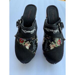Ed Hardy Darnell Women's Skull Black Love Kills Slow Wood Clogs Buckle Sz 7 RARE